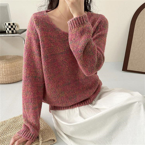 Damen leichter Strickpullover mit V-Ausschnitt und voluminösen Ärmeln R&B