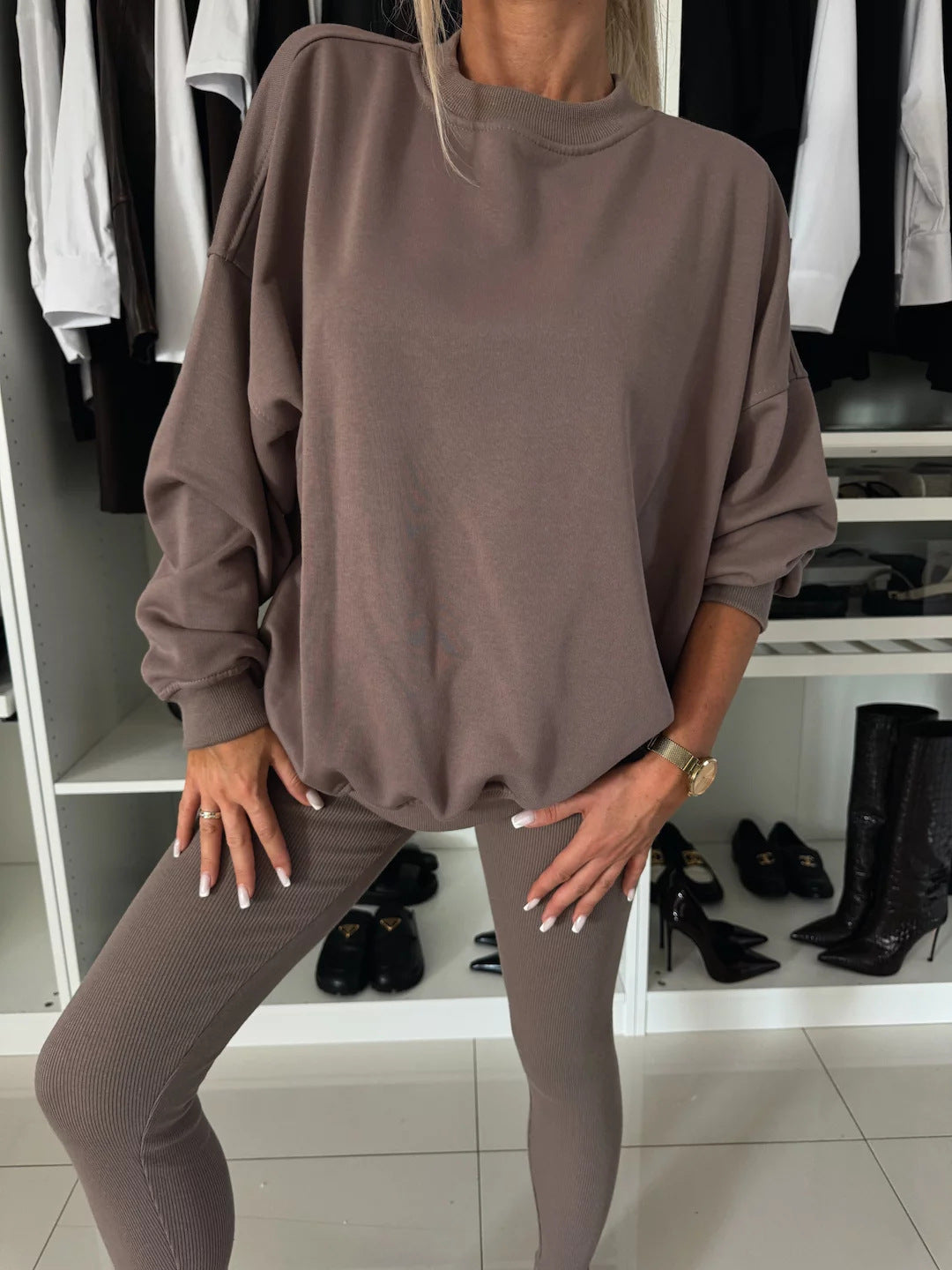 Damen lässiges Baumwoll-Lounge-Set mit Rundhalsausschnitt und engen Leggings R&B