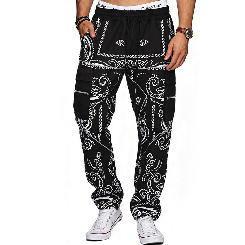 Herren nan Cargo-Jogginghose mit Paisley-Muster, elastischem Bund, multiple Reißverschluss- und Klappentaschen R&B