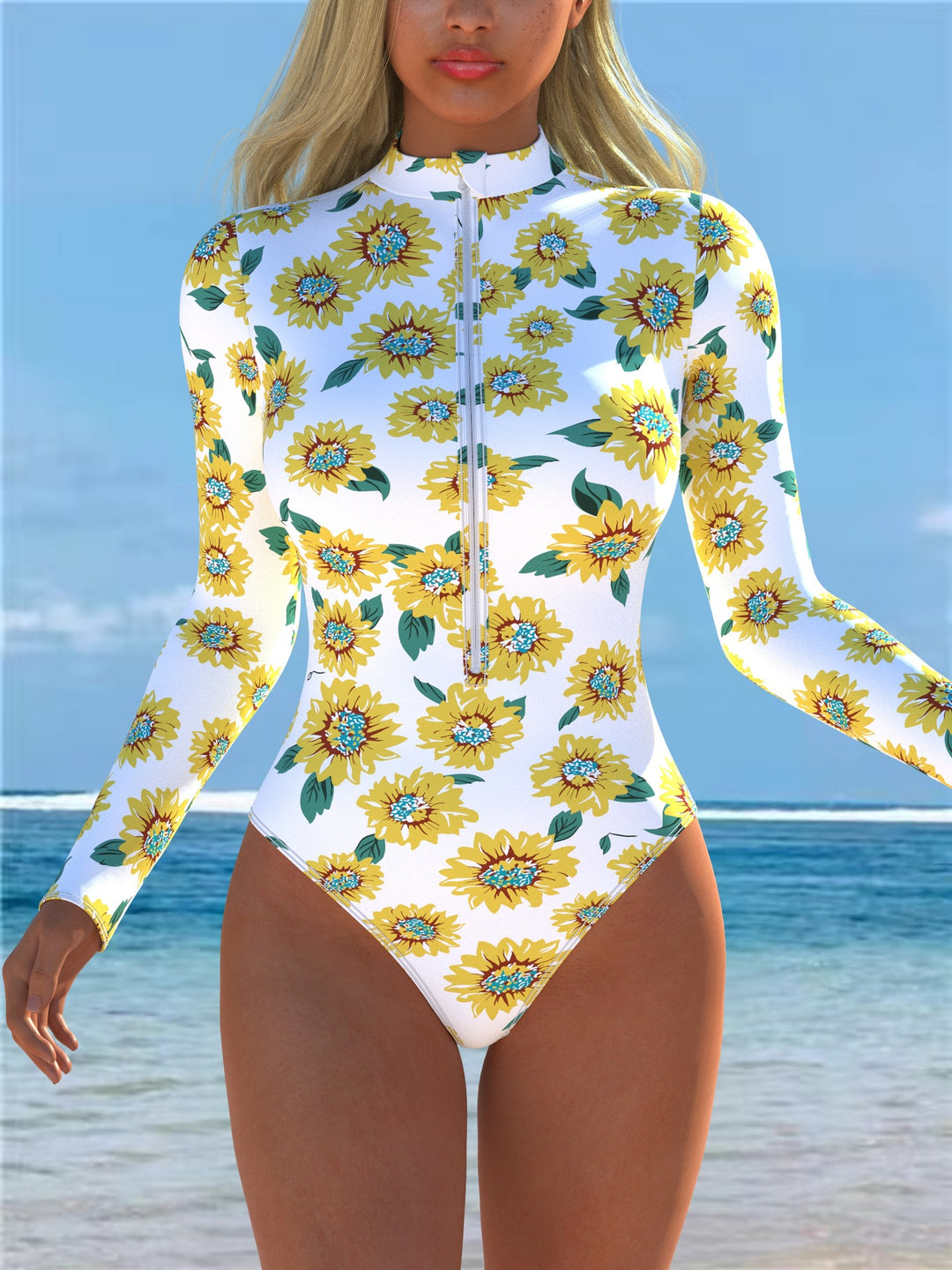 Damen Einteiler Badeanzug mit modischem Blumenmuster und hohem Kragen R&B