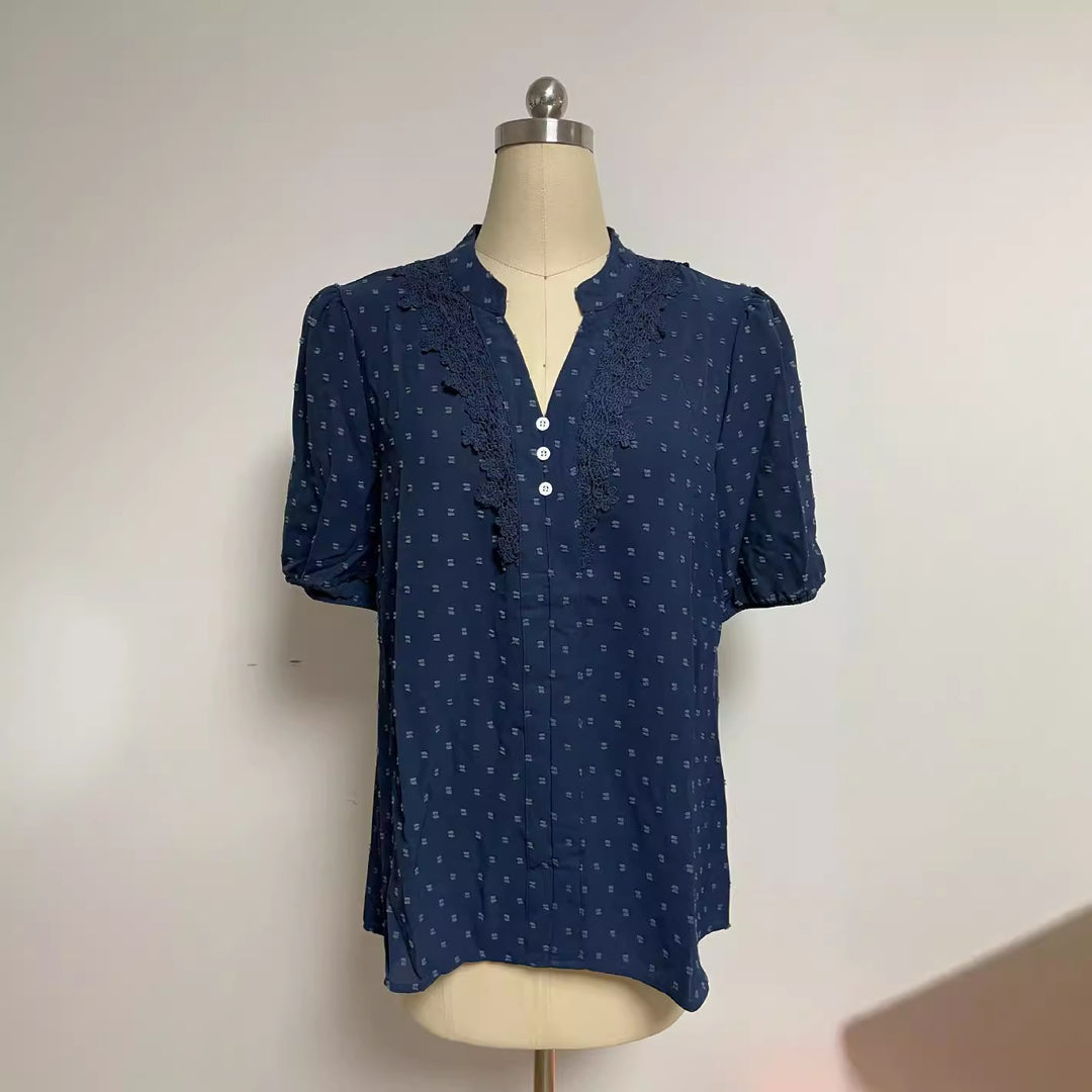 Damen nan semitransparente Dobby-Bluse mit Stehkragen, Häkelblende und Puffärmeln R&B