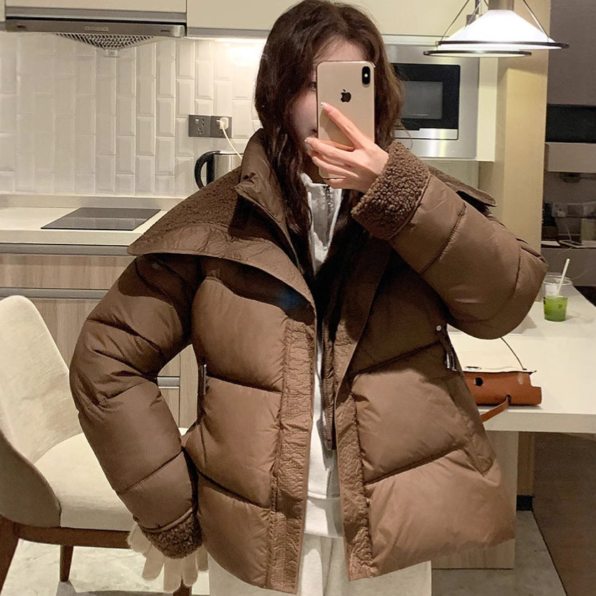 Damen Stylische und warme Pufferjacke mit hohem Kragen und praktischen Taschen R&B