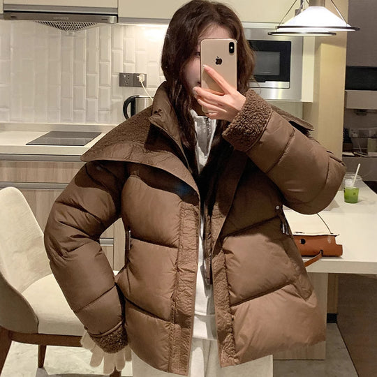 Damen Stylische und warme Pufferjacke mit hohem Kragen und praktischen Taschen R&B