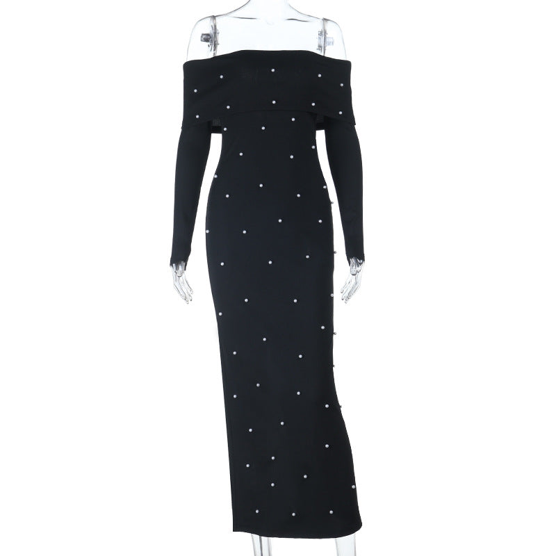 Damen schulterfreies Maxikleid mit eleganter Perlenverzierung und figurbetontem Schnitt R&B