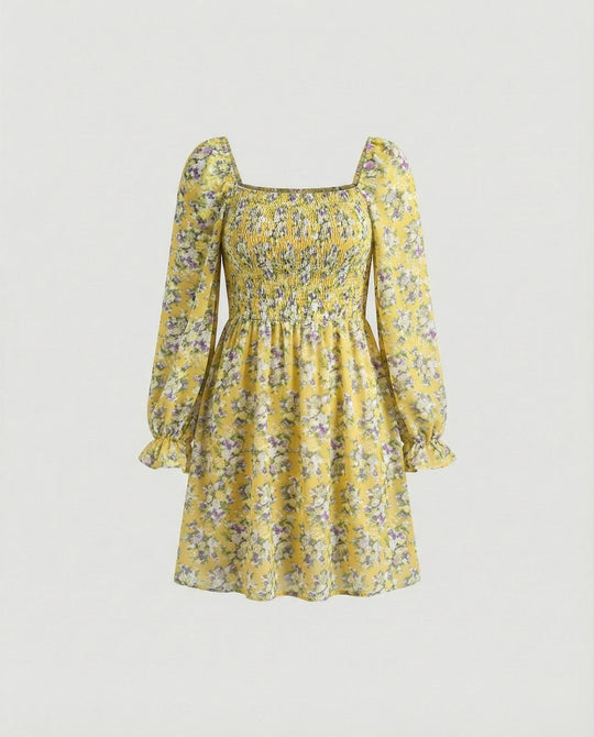 Damen Blumenkleid Mini mit Smok