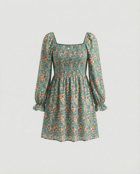 Damen Blumenkleid Mini mit Smok