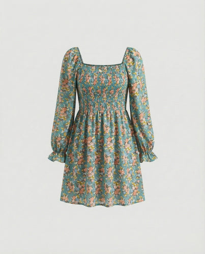 Damen Blumenkleid Mini mit Smok
