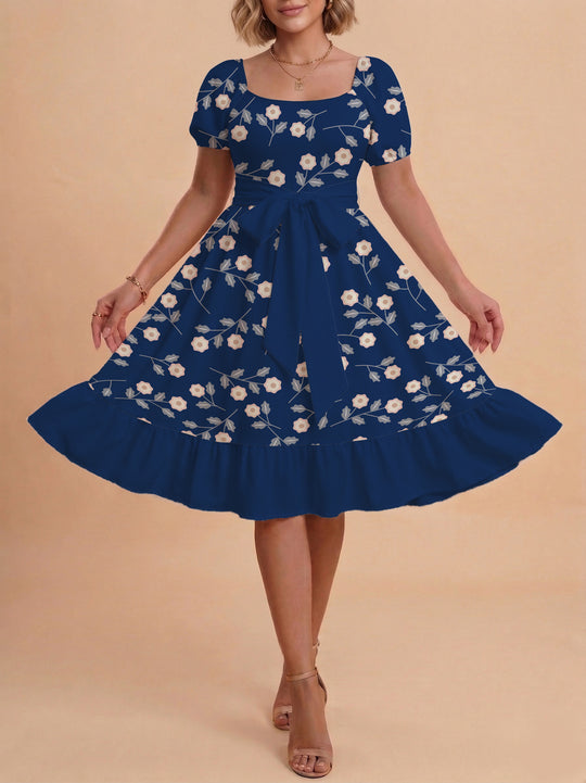 Damen Blumenkleid mit taillierbarem Gürtel und voluminösen Ärmeln R&B