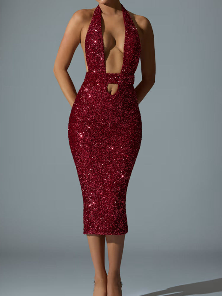 Damen Glamouröses Pailletten-Midi-Kleid mit tiefem V-Ausschnitt und figurbetonter Silhouette R&B