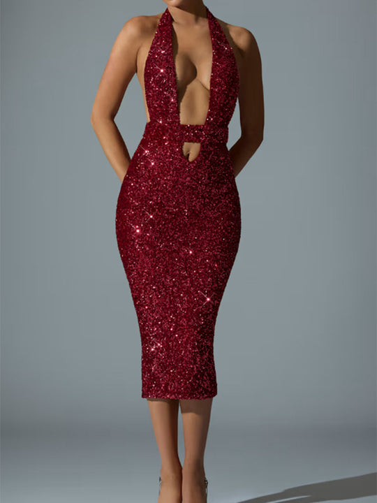 Damen Glamouröses Pailletten-Midi-Kleid mit tiefem V-Ausschnitt und figurbetonter Silhouette R&B