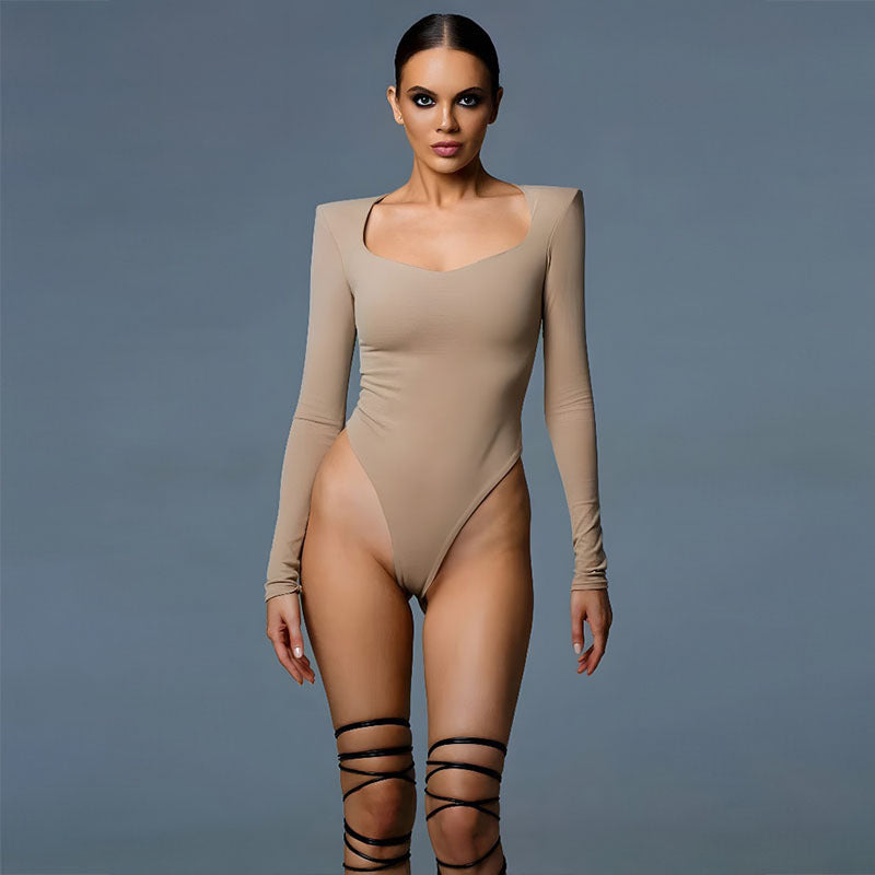 Damen figurbetonter Bodysuit mit langen Ärmeln und eckigem Ausschnitt R&B