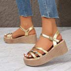 Damen Wedge-Sandalen mit floralem Innenfutter und elegantem Metallic-Akzent R&B