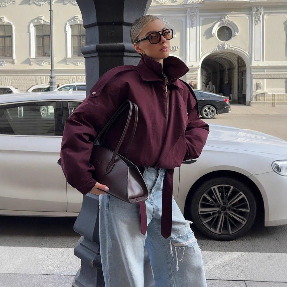 Damen oversized Übergangsjacke mit hohem Kragen und Bindegürtel R&B