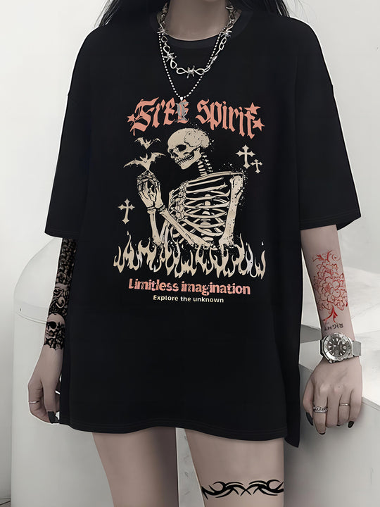 Damen T-Shirt mit künstlerischem Skelettmotiv und einzigartigem Druck R&B