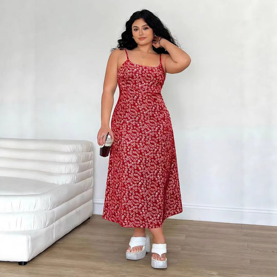Damen Maxikleid mit feinem Blumenmuster und verstellbaren Spaghettiträgern R&B