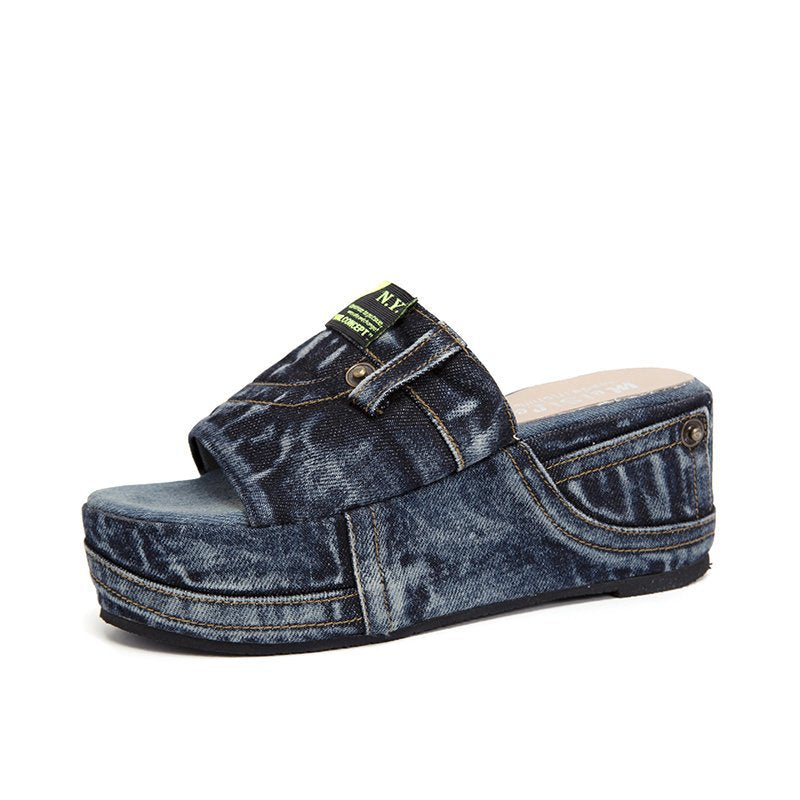 Damen nan Denim-Optik Plateau-Pantolette mit offener Zehenpartie und gepolstertem Fußbett R&B