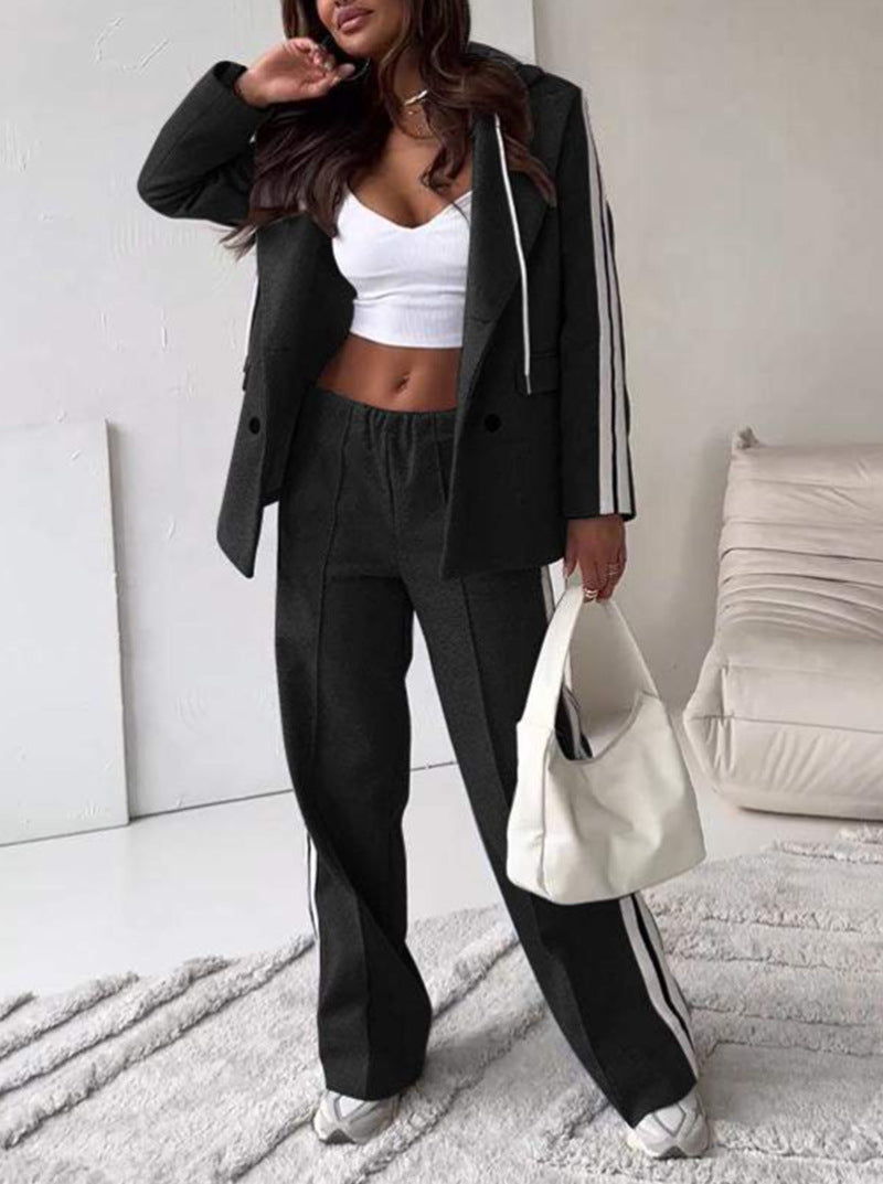 Damen nan sportlich-elegantes Blazer-Zweiteiler mit Kapuzenblazer und weiter Trainingshose mit seitlichem Streifen R&B