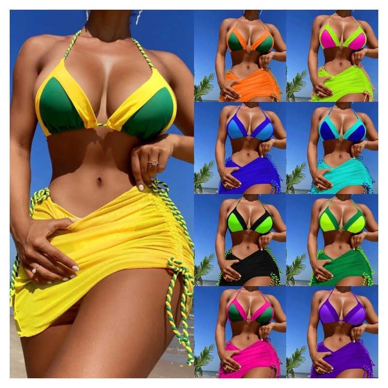 Damen Triangel-Bikini-Set mit Raffungen und Bindebändern R&B