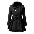 Damen eleganter Trenchcoat mit abnehmbarem Fellkragen und Taillengürtel R&B