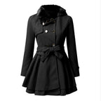 Damen eleganter Trenchcoat mit abnehmbarem Fellkragen und Taillengürtel R&B