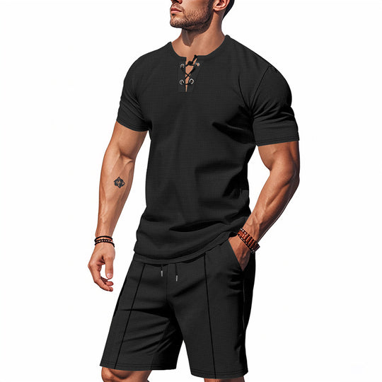 Herren nan kurzärmeliges Schnürkragen-Shirt im Waffeljersey mit Bundfalten-Bermuda R&B