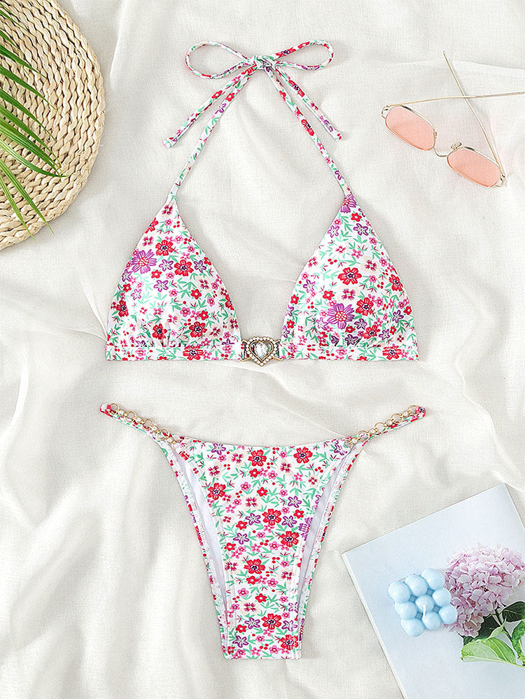 Damen Triangel-Bikini mit dekorativen Kettendetails und floralen Akzenten R&B
