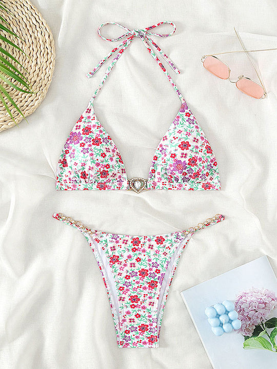 Damen Triangel-Bikini mit dekorativen Kettendetails und floralen Akzenten R&B