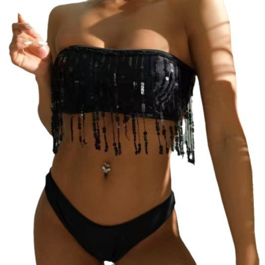 Damen Bandeau-Bikini mit glitzernden Quasten R&B