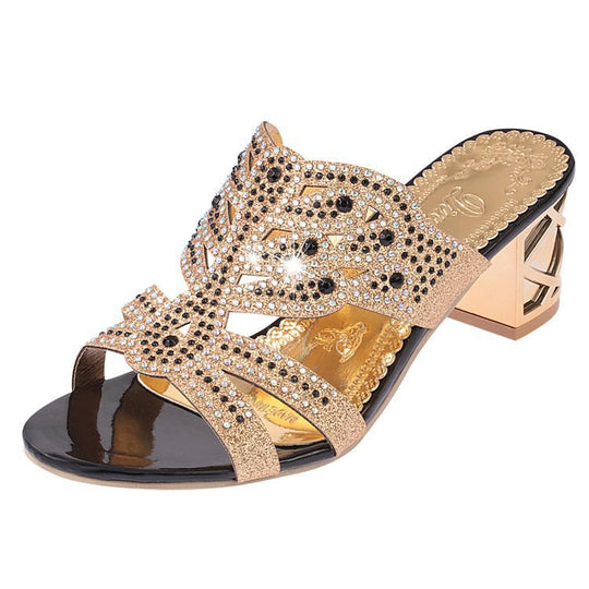 Damen nan verzierte Sandalette mit mittelhohem Blockabsatz und funkelndem Strassbesatz R&B