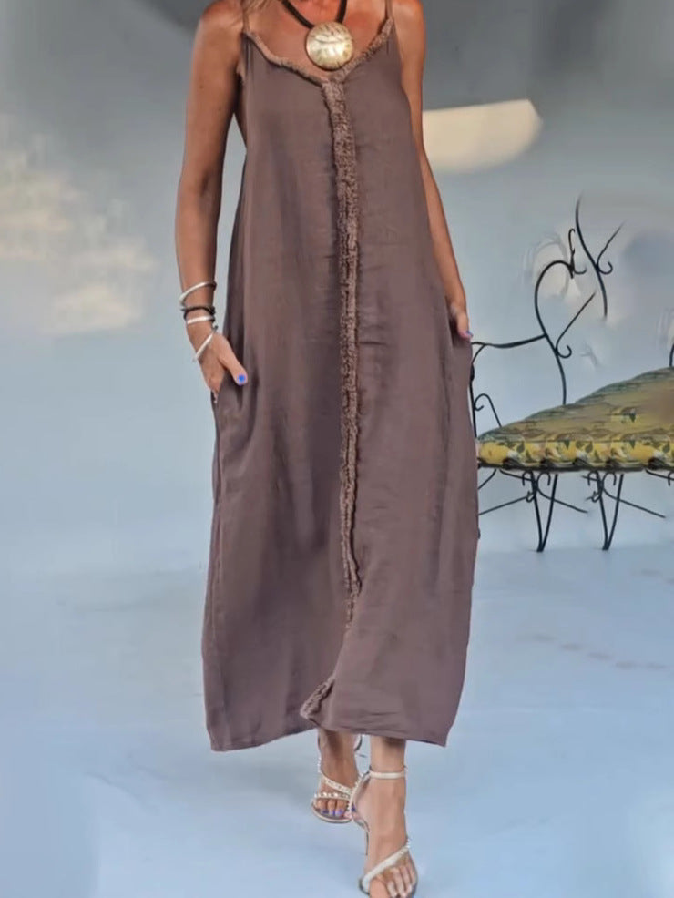 Damen Maxikleid mit feinen Fransen und praktischen Seitentaschen Heidi-Mode