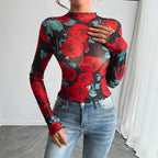 Damen nan figurbetontes Netz-Langarmshirt mit Rosenmotiv, Stehkragen und Wellensaum R&B