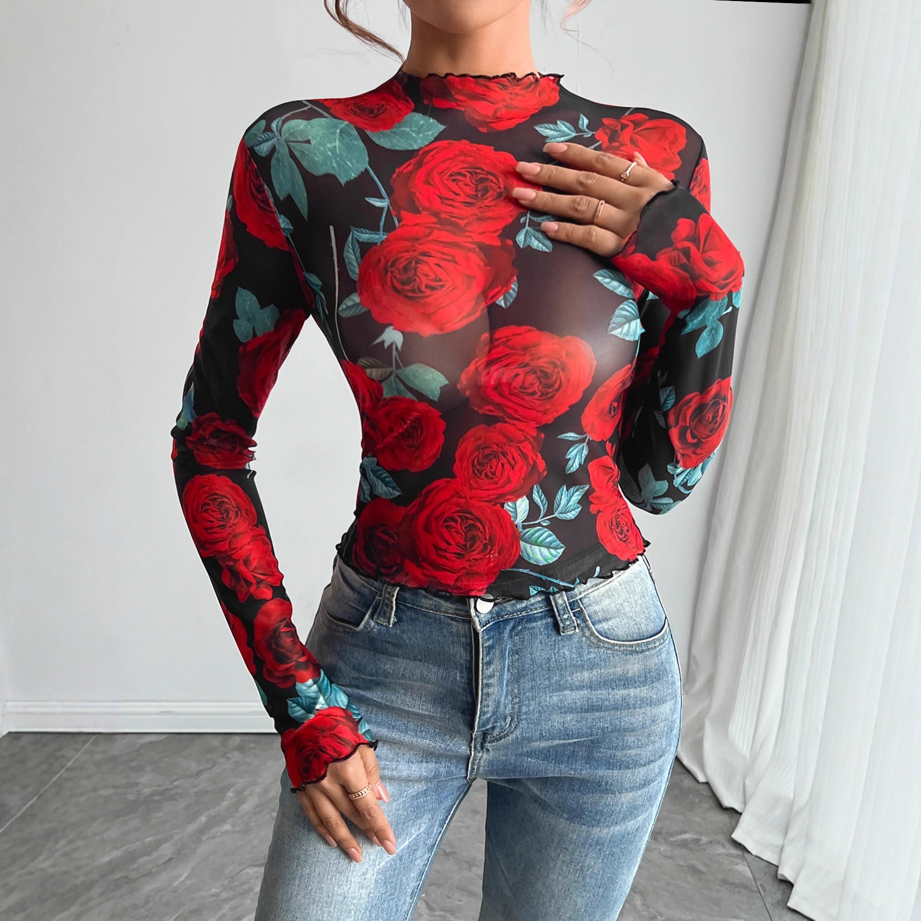 Damen nan figurbetontes Netz-Langarmshirt mit Rosenmotiv, Stehkragen und Wellensaum R&B