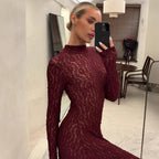 Damen Maxikleid aus feiner Spitze mit langem Arm und hochgeschlossenem Design R&B