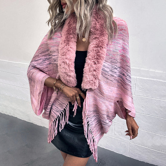 Damen eleganter Poncho mit luxuriösem Kunstfellkragen und fransigem Saum R&B