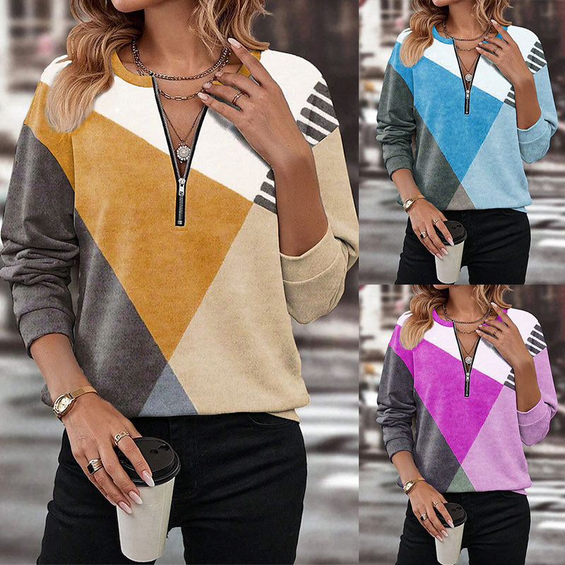 Damen Sportlicher Sweatshirt mit halbem Reißverschluss und trendigem Kontrast-Design R&B