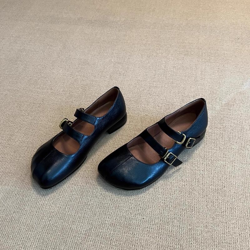 Damen elegante Ballerinas mit doppeltem Schnallenverschluss und veganer Lederoberfläche R&B