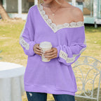 Damen lässiger Pullover mit Spitze und V-Ausschnitt