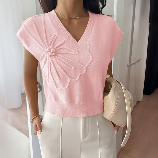 Damen V-Ausschnitt Strickoberteil mit floralem Relieffinish R&B