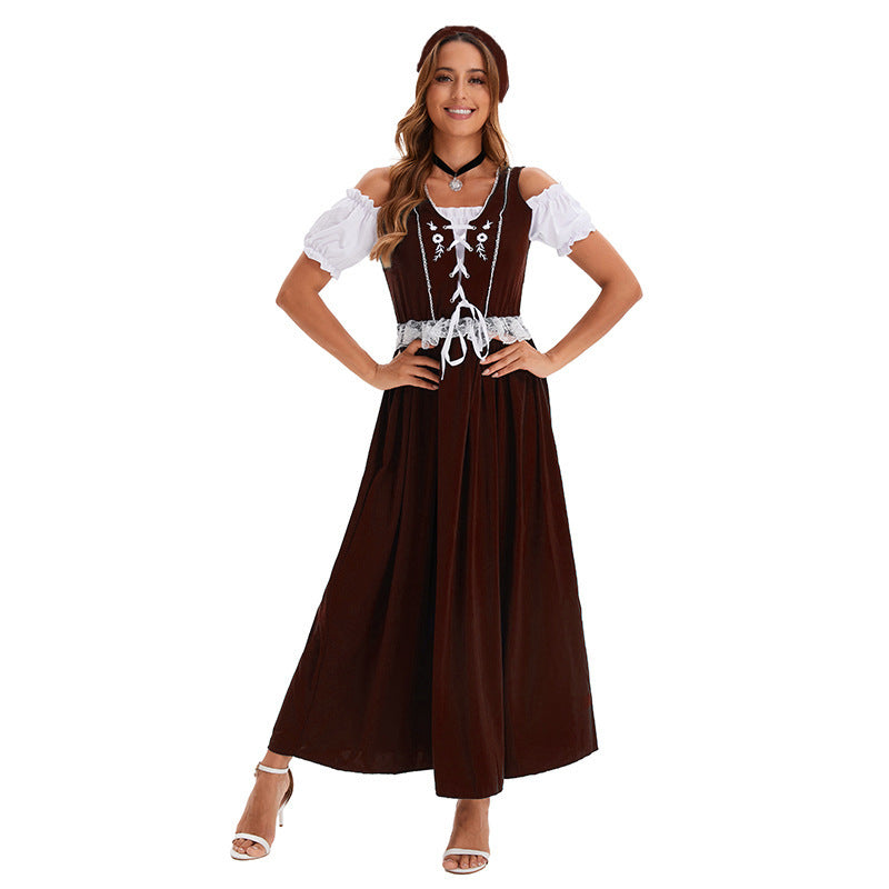 Damen nan langes Trachtenkleid im Dirndlstil mit Corsage-Schnürung und Spitzenbund R&B
