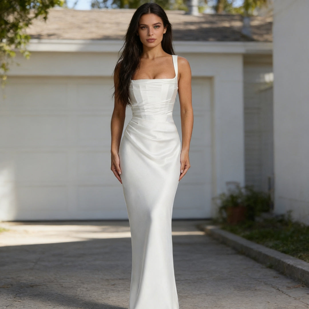 Damen Elegantes Satin-Maxikleid mit schulterfreiem Design und figurbetontem Schnitt R&B