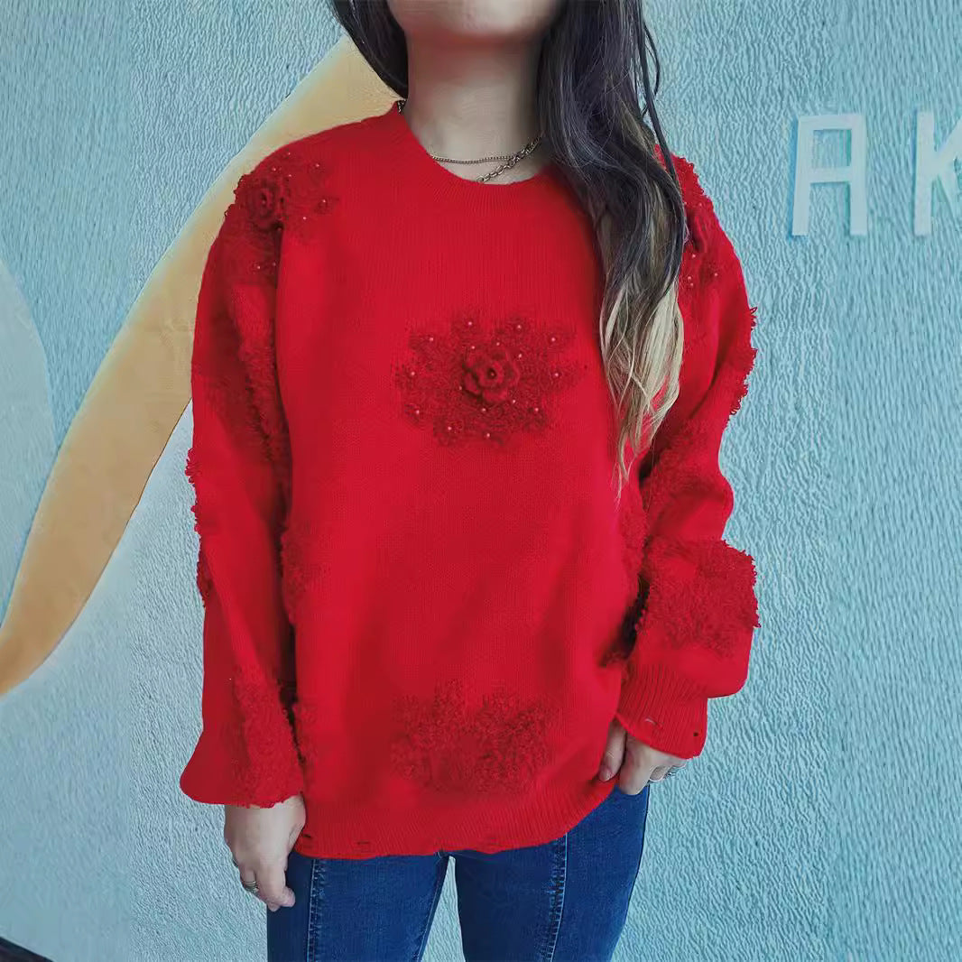 Damen Strickpullover mit romantischen Blumenapplikationen und weichem Material R&B