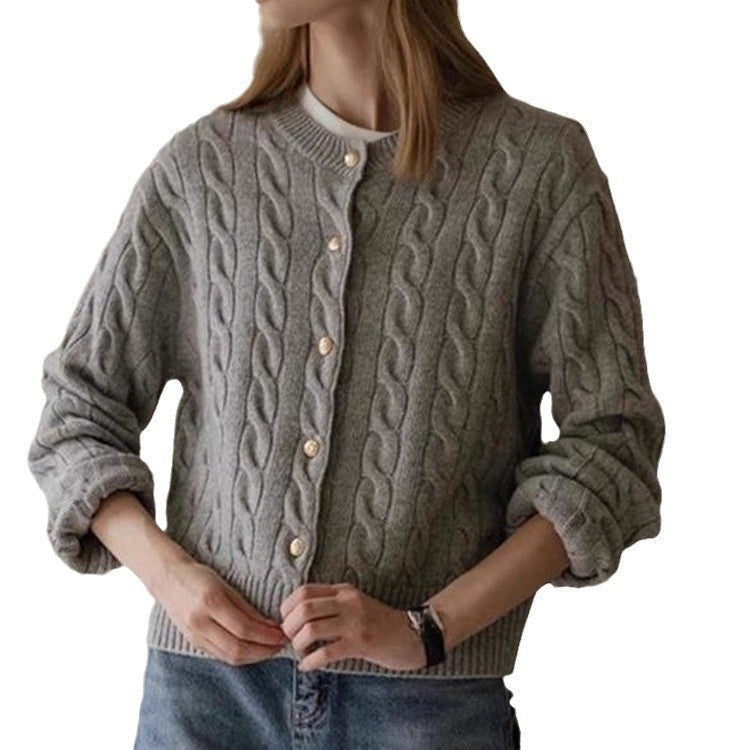 Damen eleganter Strickcardigan mit ausgefallenem Zopfmuster und dekorativen Knöpfen R&B