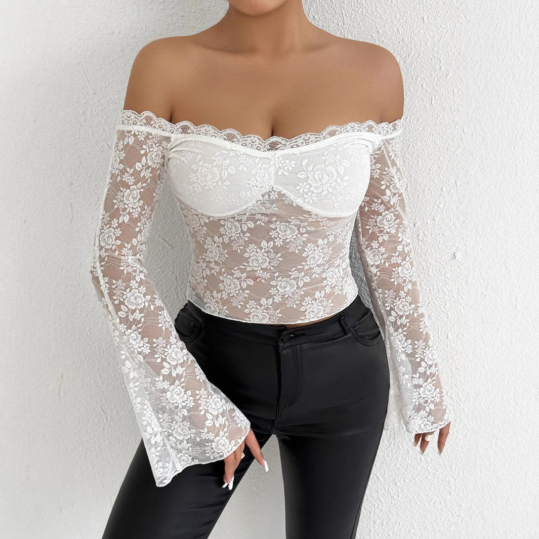 Damen Spitzenoberteil mit schulterfreiem Design und eleganten Trompetenärmeln