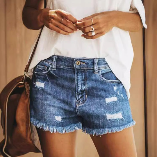 Damen Jeans-Shorts mit fransigen Säumen und distressed Details R&B