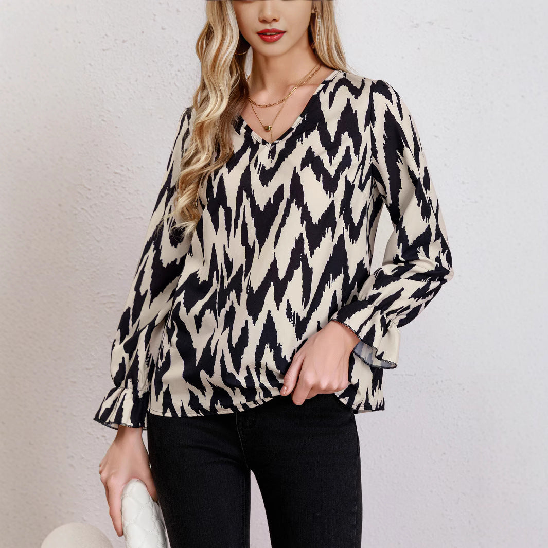Damen Bluse mit modernem Zickzackmuster und eleganten Ballonärmeln R&B