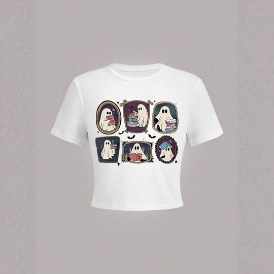 Damen Crop-T-Shirt mit verspieltem Geistermotiv R&B