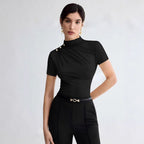 Damen elegantes Oberteil mit dekorativen Knopfdetails und modernem Stehkragen R&B
