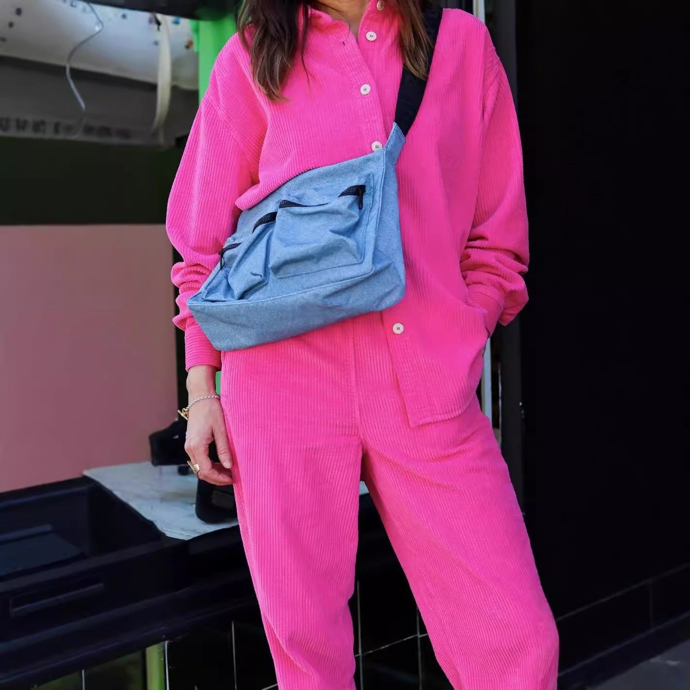 Damen Lässiges Cord-Set mit Knopfleiste und praktischen Taschen R&B