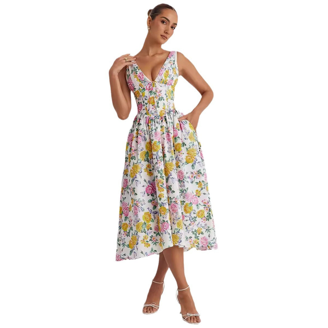 Damen Midikleid mit floralen Akzenten und tailliertem Oberteil R&B