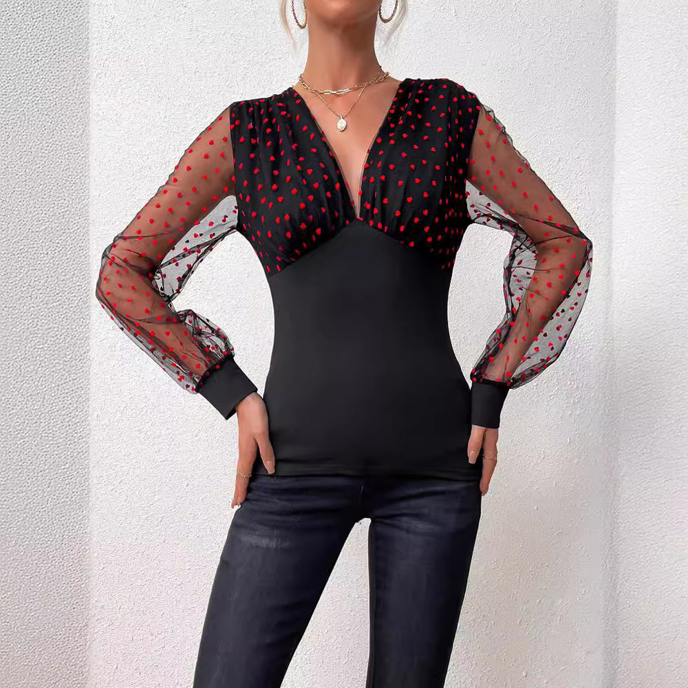 Damen Elegantes Bodysuit mit transparenten Ärmeln und Tupfen-Design R&B